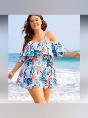 Bloomchic-Women's  22-24 Tropical Adjustable Straps Cold Shoulder Bathing Suit.